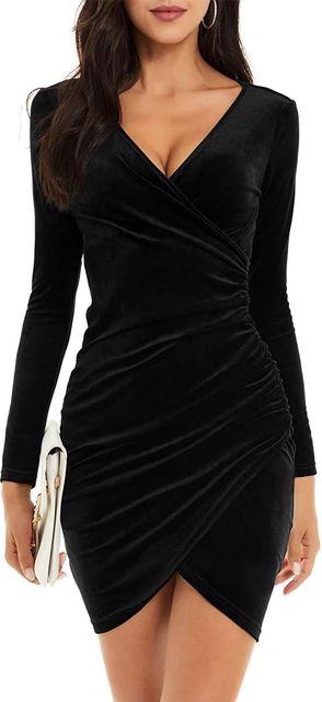 Imagen de la oferta: Vestido Fiesta Mujer Ccuello en V Manga Larga Elegante Vestido de Trabajo Terciopelo Informal Bodycon Sexy Mini Vestido Fiesta Vestido Invierno de cóctel con Pliegues Nochevieja