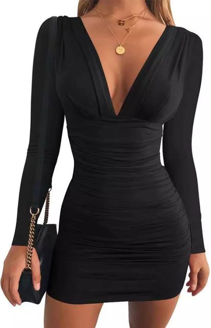 Imagen de la oferta: Mujeres Mini Wrap Vestido, Sexy Hip-Hugging Ruched Dresses, Suave Cuello en V Profundo/un Hombro Bodycon de Manga Larga Vestido lápiz, Club Cocktail Party Dress(2 Estilo, S-L)