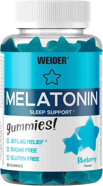 Imagen de la oferta: Weider Melatonin Gummies (60 Gominolas) Sabor Arándano. 1 mg de melatonina por gominola. Sin Azúcares y Sin Gluten. Ayuda contra el Jet-lag y para mejorar la calidad del sueño