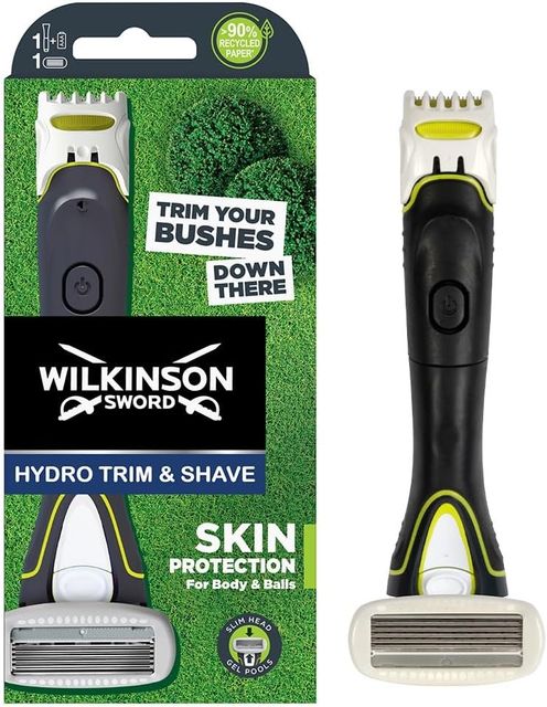 Imagen de la oferta: Wilkinson - Hydro Trimmer - Body &Balls - Maquinilla de afeitar eléctrica 2 en 1 para hombres - Recortadora con 3 ajustes - Cabezal de 5 cuchillas con gel de aloe vera