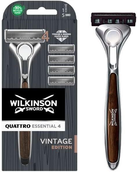 Imagen de la oferta: Wilkinson Sword Quattro Vintage Edition - Maquinilla De Afeitar De 4 Hojas De Titanio + Hoja De Precisión Extra Con 4 Recambios De Cuchillas Con Banda Lubricante Protectora, Marrón