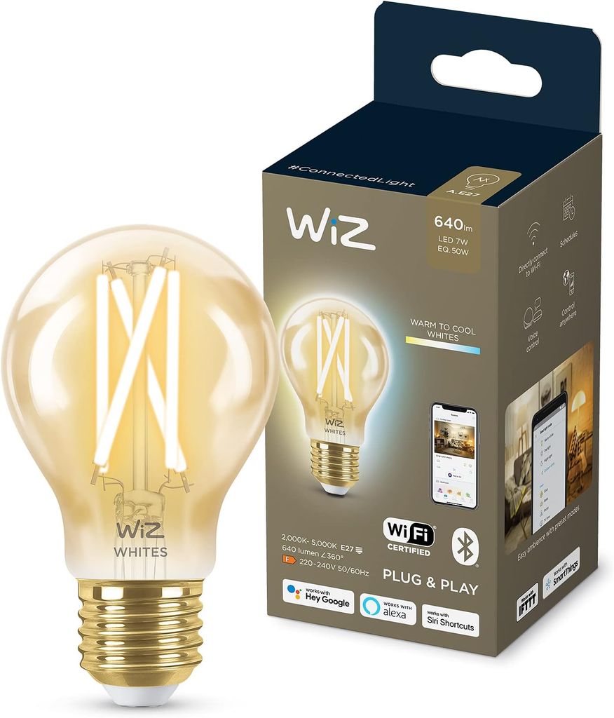 Imagen de: WiZ - Bombilla inteligente Filamento LED Wi-Fi, 6,7w (Eq. 50w) E27 A60, Luz Blanca Cálida a Fría Regulable, con tecnología SpaceSense y compatible con Alexa y Google Home