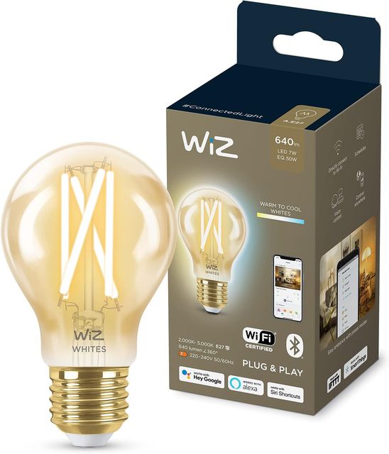 Imagen de la oferta: WiZ - Bombilla inteligente Filamento LED Wi-Fi, 6,7w (Eq. 50w) E27 A60, Luz Blanca Cálida a Fría Regulable, con tecnología SpaceSense y compatible con Alexa y Google Home