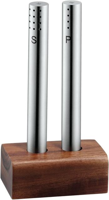 Imagen de la oferta: WMF Salz - Juego de salero y pimentero 2 piezas, Pequeño, Acero Inoxidable Cromargan mate, Soporte de Madera de Acacia