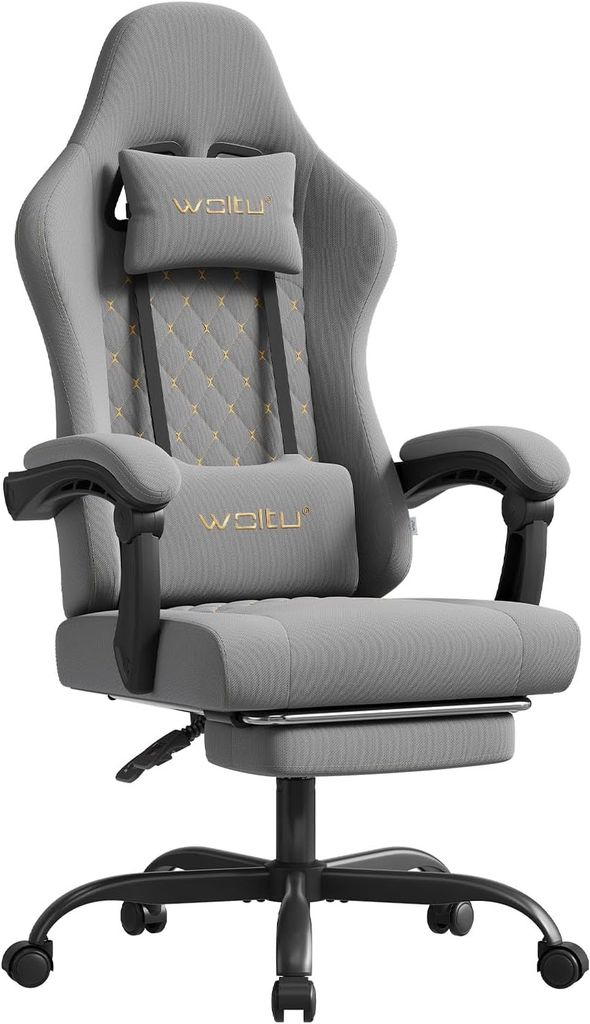 Imagen de: WOLTU Silla Gaming Ergonómica, Silla Oficina con Soporte Lumbar Masaje y Reposapiés Extraible, Silla Giratoria con Gran Asiento de Muelle, Capacidad de 150 kg, Tela de Malla, Gris+Amarillo