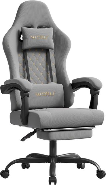 Imagen de la oferta: WOLTU Silla Gaming Ergonómica, Silla Oficina con Soporte Lumbar Masaje y Reposapiés Extraible, Silla Giratoria con Gran Asiento de Muelle, Capacidad de 150 kg, Tela de Malla, Gris+Amarillo
