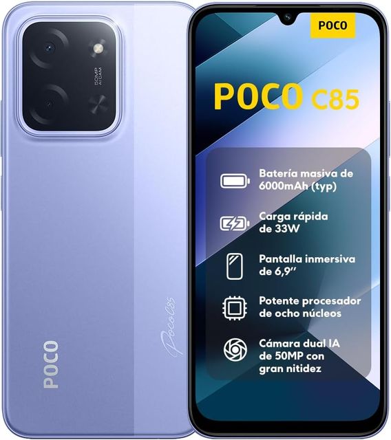 Imagen de la oferta: XIAOMI POCO C85 - Smartphone de 6+128GB, Cámara Dual de 50MP con AI, Pantalla inmersiva de 6,9", Potente procesador Octa-Core, Carga rápida de 33W, 6000mAh, Cargador no Incluido, Morado (Versión ES)