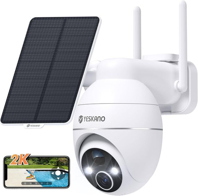 Imagen de la oferta: YESKANO Camara Vigilancia WiFi Exterior Solar, 2K Cámaras de Vigilancia sin Cables, 360° PTZ,Visión Nocturna de Color,2.4 GHz Wi-Fi, Detección de IA, PIR Sirena,IP66 (Blanco)